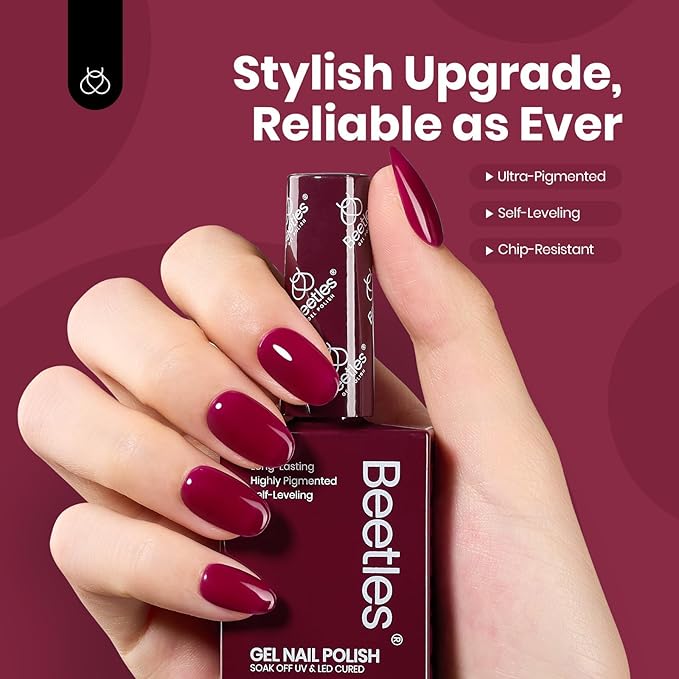 Beetles Dark Red Gel Nail Polish - 15ML Maroon Red Translucent Sheer Jelly Nail Polish Soak Off UV Lamp Colorful Bottle Gel Nail Art Salon DIY Home Manicure Gift for Women