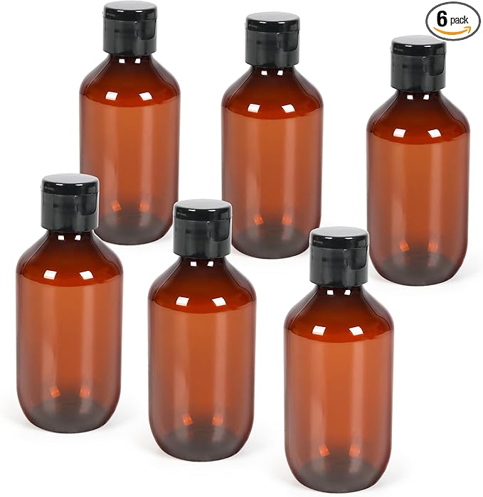 TRENDBOX Travel Size Amber Bottles with Flip Cap - 6 Pack 3.4oz Leak Proof Dispenser Containers for Toiletries, Essential Oils & Shampoo - Set of Small Empty Plastic Bottles