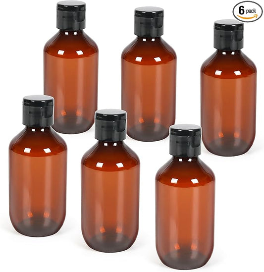 TRENDBOX Travel Size Amber Bottles with Flip Cap - 6 Pack 3.4oz Leak Proof Dispenser Containers for Toiletries, Essential Oils & Shampoo - Set of Small Empty Plastic Bottles