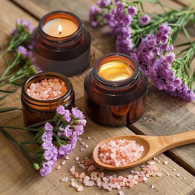 Amber 1.7oz Small Glass Jars with Lids - 24 Pack Leakproof Cosmetic Containers Durable with Inner Liners, Sealable for Creams, Lotions, Essential Oils, Body Butter, Travel Samples