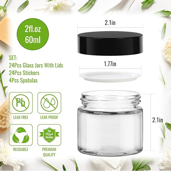 2 oz Clear Glass Jars with Lids 24Pack, Small Jars with Inner Liners for Sample, Powder, Cream, Lotion and Ointments with Stickers & Spatulas Included