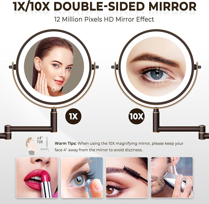 8" Wall Mounted Lighted Makeup Mirror, 3000mAh Rechargeable Double Sided 1X/10X Magnifying Mirror with Hook, 3 Color Lights Touch Dimmable 360° Rotation Vanity Mirror for Bathroom (Antique Bronze)