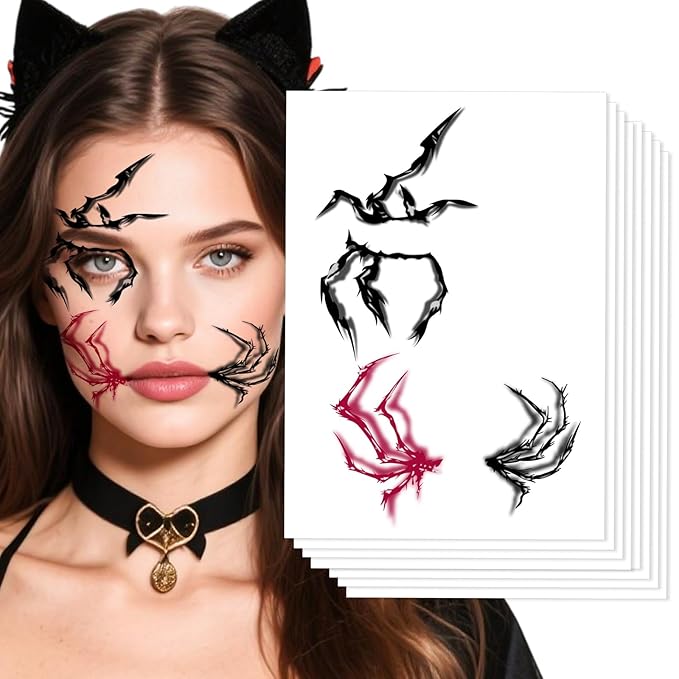 Halloween Face Tattoos, Spider Silhouette & Glitter Stars Face Tattoos,Horror Face Temporary Tattoos,Cosplay Face Makeup Tattoo Stickers, Easy Temporary Face Body Decals for Women,Girls 8Pcs