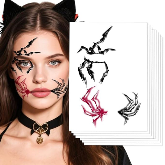 Halloween Face Tattoos, Spider Silhouette & Glitter Stars Face Tattoos,Horror Face Temporary Tattoos,Cosplay Face Makeup Tattoo Stickers, Easy Temporary Face Body Decals for Women,Girls 8Pcs