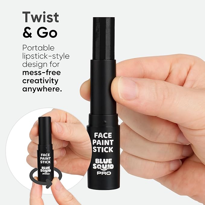 Blue Squid PRO Black Face Paint Stick - Waterproof Body Paint for Adults & Kids Eye Black Baseball, Eyeblack Softball - Vegan Hypoallergenic Twist-Up Non-Toxic Makeup Stick for Cosplay, Sports & SFX
