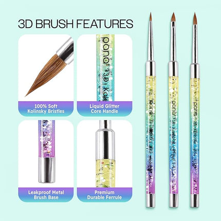 PANA Kolinsky 3D Acrylic Nail Brushes with Liquid Glitter Handle - For Professional Acrylic Powder Liquid Manicure Pedicure (Rainbow Color, Size #4)