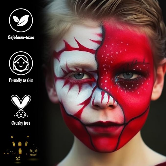 Black White Red Face Body Paint with Applicator, Oil Based Face Painting Kit for Halloween Clown, Vampire, Devil Makeup, Cosplay, Costume, Dress Up, SFX Special Effect, Theme Parties
