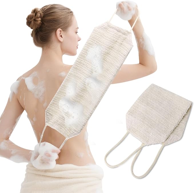 35.5" Long Exfoliating Washcloth Shower Loofah with Handle for Women, Natural Body Scrubber Back Cleaner for Shower, Double Layer Extra Rough Bath Scrubber for Body