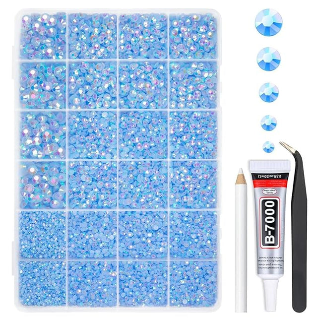 qiipii Light Blue AB Resin Rhinestones w B7000 Jewelry Glue for Bedazzling Crafting 2mm-6mm Flatback Jelly Stones Diamonds Gems Bedazzler Kit Charms for Nails Face Makeup Tumblers Bottles Crafts Shoes