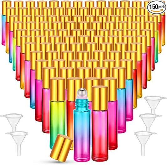 Sumind 150 Pcs Essential Oil Roller Bottles 10 ml Glass Empty Roll on Bottles with Stainless Steel Balls Leak Proof with 5 Funnel for Travel Essential Oil(Mixed Colors)