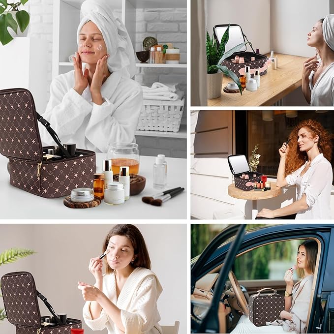 Travel Makeup Bag With 360° rotating LED Mirror,Waterproof cosmetic organizer,Portability Cosmetic case,Makeup organizer,Gift for Women,Girls Gift (Coffee + Pink)