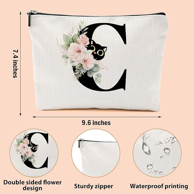 Floral Cat Initial Makeup Bag, Personalized Skin Care Bag, Travel Organizer Toiletry Bags for Women Mom Friends, Cosmetic Bags Makeup Pouch with Zipper, Letter C