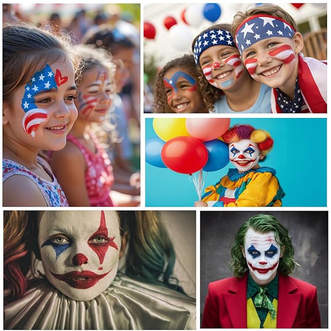 Red White Blue Face Paint Kit,4th of July USA Patriotic 1.01oz/pc Water Based Body Paint with sponges,Halloween Face Painting for Joker Clown Devil Costume Makeup