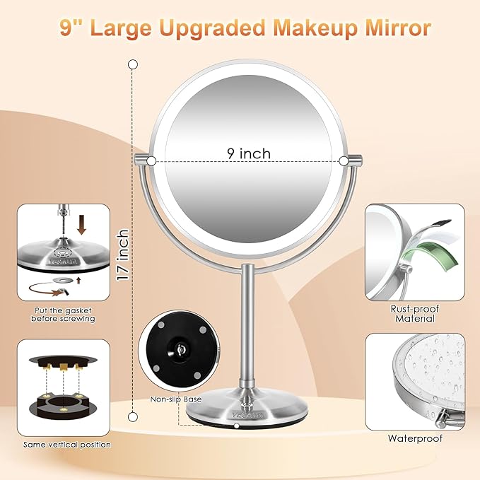 VESAUR 1X15X HD Lighted Makeup Mirror, 9" Large 5000mAh Rechargeable Double Sided Magnifying Mirror with 3 Touch Dimmable Light, 360°Rotation Detachable for Travel Vanity Mirror, Pearl Nickel, Gifts