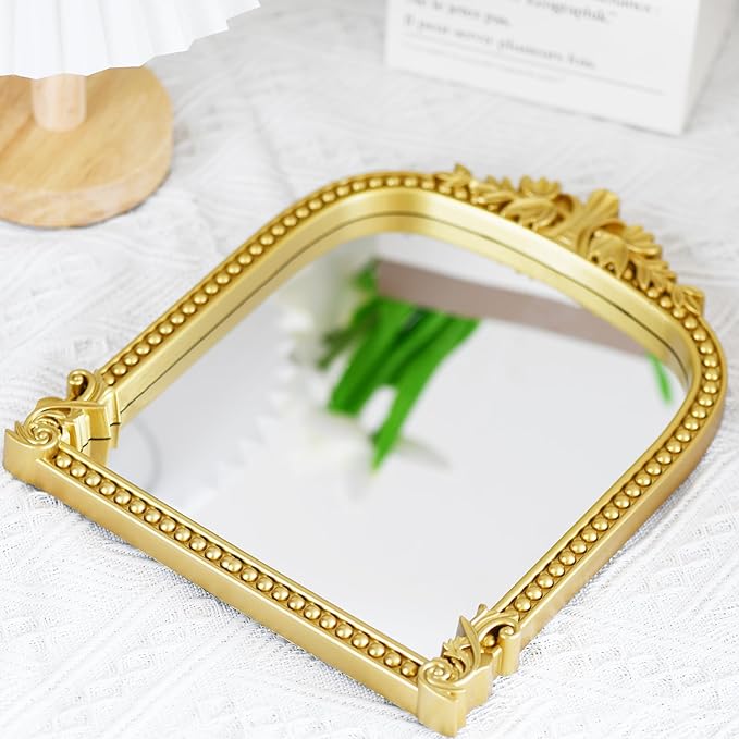 Gold Plastic Arched Makeup Mirror, Standing, Hanging or Wall Mount, Bathroom, Living Room, Bedroom Gold Decorative Mirror (10.6 * 8.6 inch)