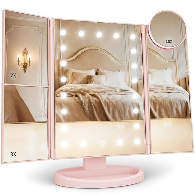HUONUL Makeup Mirror, Vanity Mirror with Lights, 2X/3X/10X Magnification, Touch Control, Trifold Mirror, Dual Power Supply, Valentines Day Gifts for Her,Gifts for Women, Wife, Mom, Teengirls