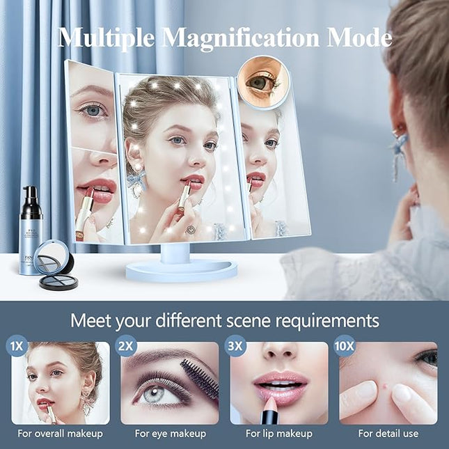 HUONUL Makeup Mirror, Vanity Mirror with Lights, 2X/3X/10X Magnification, Touch Control, Trifold Mirror, Dual Power Supply, Valentines Day Gifts for Her,Gifts for Women, Wife, Mom, Teengirls