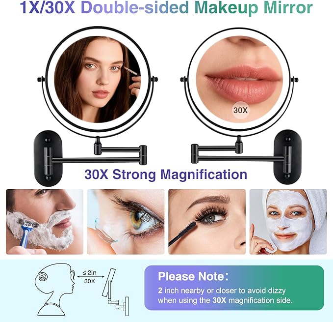 Wall Mounted Makeup Mirror with Light: 30X/1X 8.5'' Double Sided LED Magnifying Bathroom Mirror, Black