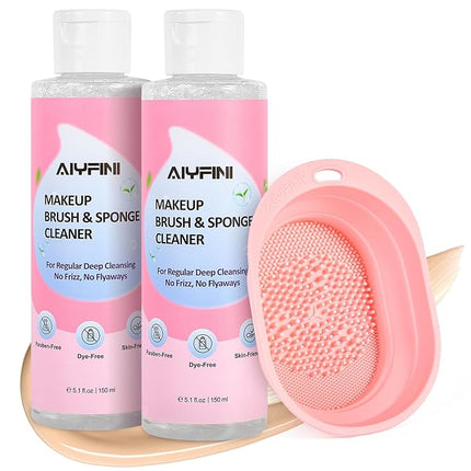 Alyfini Makeup Brush Cleaner Solution + Scrub Basin Combo, Removes Tough Stain on Make Up Brushes Set/Sponge/Puffs, Deep Clean Inner Bristles from Waterproof Foundation/Concealer, 10.2 Fl Oz/300 ml