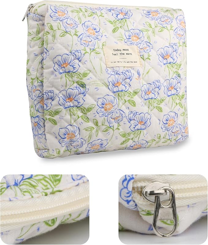 VIWIME Makeup Cosmetic Bag, Large Cotton Quilted Travel Coquette Aesthetic Cute Floral Make up Bag for Women Toiletry Bag Organizer(Green Leaf/2Pcs)