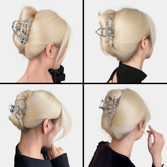 3Pack Metal Black Spider Web hair clips Skeleton Hand Skull Hair Clips for Women And Girls,Goth Accessories for Thick Hair, Claw Clips Hair Accessories Halloween Christmas Gift (Black 3Pcs)