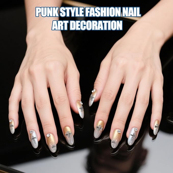 Artdone Nail Art Studs Kit, 3D Silver Cross Nail Charms and Star Gems Bulk Nail Jewels Shiny Crosses for DIY Professional Manicures Decoration