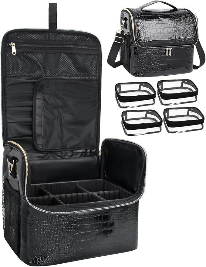 Travel Makeup Case with 4 Small Bag, Professional Makeup Artist Bag Tattoo Case Makeup Organizer Box with Adjustable Dividers and Shoulder Strap (Medium, Black)