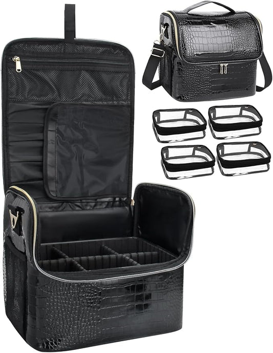 Travel Makeup Case with 4 Small Bag, Professional Makeup Artist Bag Tattoo Case Makeup Organizer Box with Adjustable Dividers and Shoulder Strap (Medium, Black)