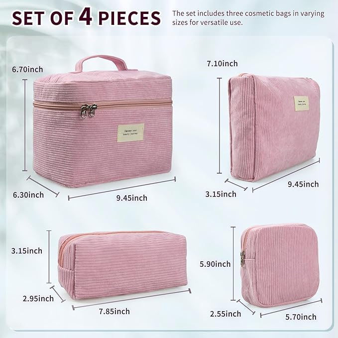 4 Pcs Makeup Bag for Women Corduroy Cosmetic Bag Aesthetic Cute Bags Multi Size Purse Pouch Travel Toiletry Bag Set Makeup Organizer with Zipper(Pink)