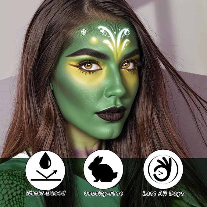 Black White Green Face Body Paint 1.01 oz/pc with 3 Sponges,Green Water Based Face Painting Cosplay Kit, Hunting Hulk Halloween SFX Witch Makeup Cream Face Paint,3 oz