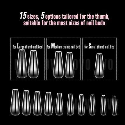 NOVO OVO Long Coffin Nail Tips NATURAL (Not SCULPTED) for Flat Nail Beds, Extra Thick L Length False Nails Press on, Full Cover Soft Gel Fake Nail Extension, Salon DIY x 15 Sizes 450 pcs