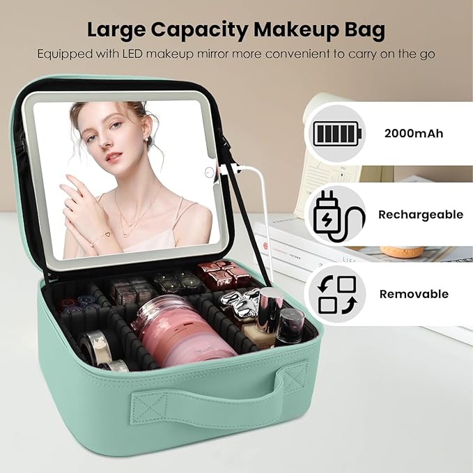 Travel Makeup Bag with LED Mirror and Light Makeup Travel Bag Organizer Portable Cosmetic Brush Organizer Bag with Adjustable Dividers for Cosmetics Makeup Brushes Toiletry (Light Green)
