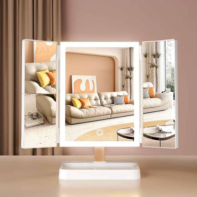 3- Folding Makeup Mirror, 76 LED Beads, 3 Adjustable Color Modes,Long Press The Touch Button to Adjust The brightness1%-100%, 1x / 2X / 3X Magnification，Rechargeable (Ivory White)