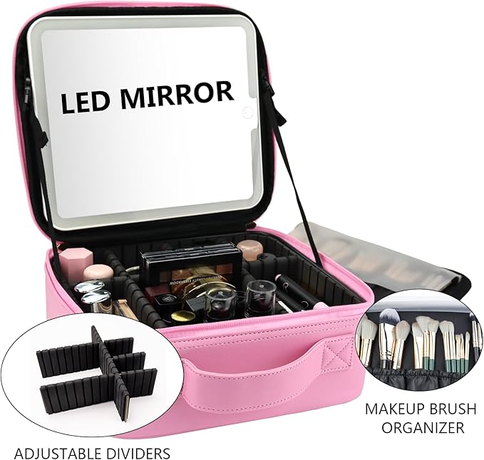 Travel Makeup Bag with LED Mirror Travel Makeup Organizer with 3 Lighted Settings, Adjustable Dividers and Makeup Brush Storage Bag Dark Pink