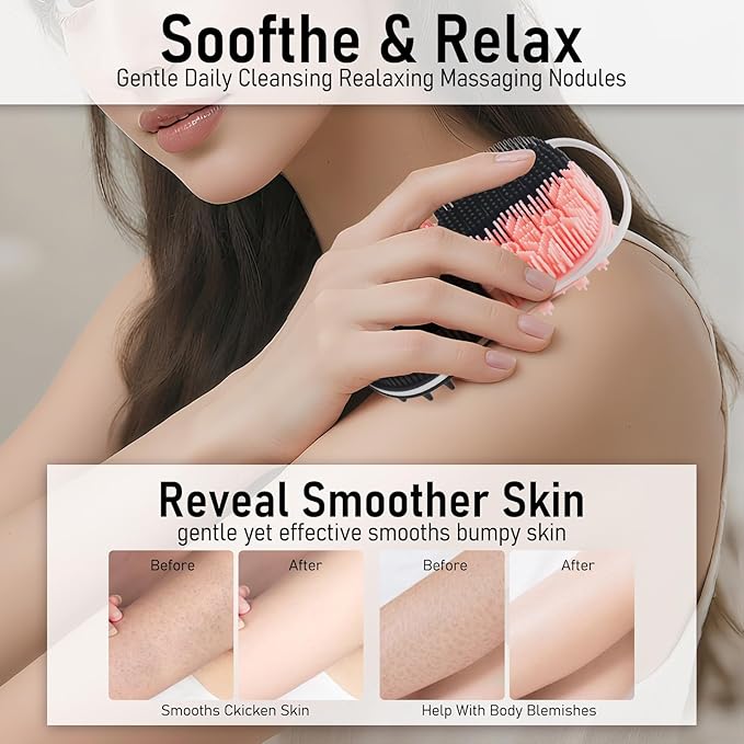 2 in 1 Silicone Body Hair Scrubber Upgraded Bristles Exfoliator Massage Shower Bathing Bath Women Brush Scrubbers for All Skin Body Wash (1pc Black + Pink)