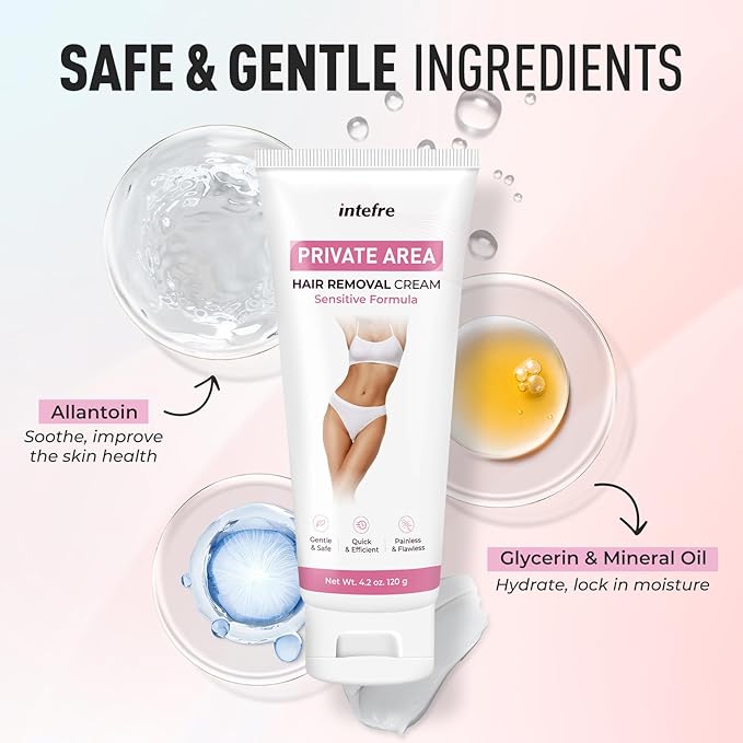 Hair Removal Cream for Women: Painless Depilatory Cream for Bikini Line, Private Areas, Body, Legs, Arms, Underarms, All Skin Types, Gentle & Quick, 120g