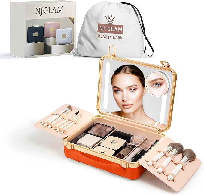 Makeup case with Light up Mirror Rechargeable with smart storage, Three light mode Mirror (Acrylonitrile Butadiene Styrene, Orange)