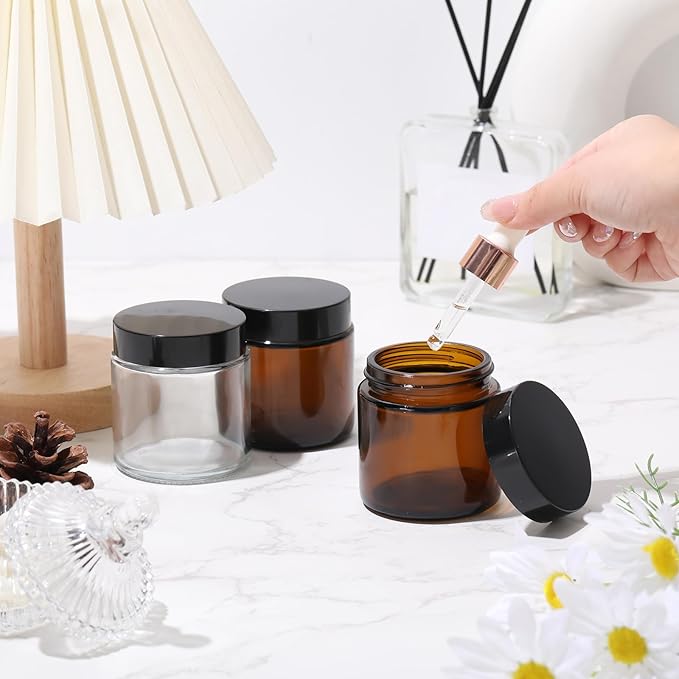 Norme 24 Pcs 4 oz Glass Jars with Lids Leakproof Round Airtight Empty Cosmetic Jars with Inner Liners Lid for Storing Lotions Powder Ointments Candle Making Tins (Black,Amber and Clear)