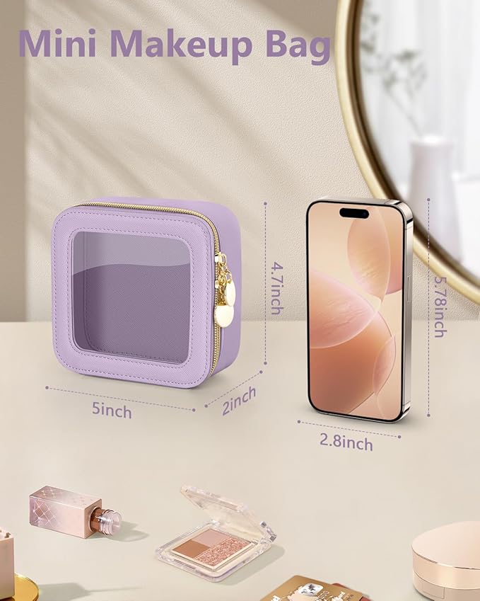 Mini Makeup Bag, Small Makeup Bag for Purse, Waterproof Clear Makeup bag, Leather Cosmetic Bag, Square Make Up Bag Pouch, Toiletry Bag for Travel, Car and Women, Purple
