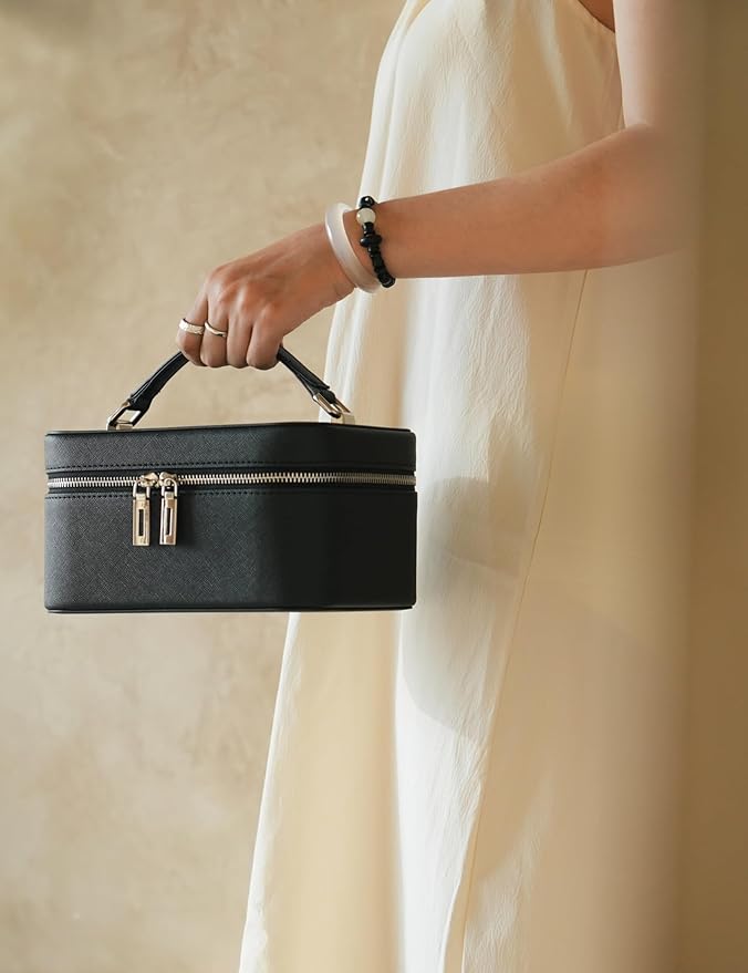 Popvibe Travel Makeup Bag with LED Mirror, Compact Make Up Vanity Case with Brush Storage and Top Handle, Light Up Makeup Case Traveling Leather Cosmetic Bag, Portable Medium Sized Train Case, Black