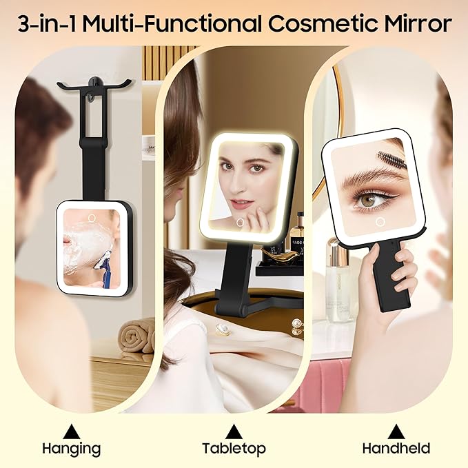 B Beauty Planet Small Travel Makeup Mirror with Lights(10" L x 5" W), Double-Sided 1X/30X Magnifying Mirror, 3 Color Lighting & Brightness Adjustable, Portable &Foldable Mirrors with Light (Black)