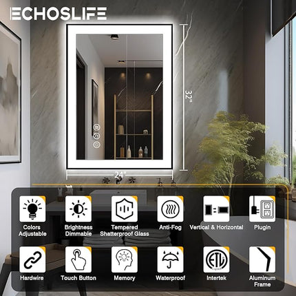24x32 LED Bathroom Mirrors for Wall -Black Aluminum Framed (Front and Backlit), Anti-Fog Vanity Mirror With Lights,Stepless Dimmable Lighted Mirror,3 Colors Smart Mirror(Horizontal/Vertical)