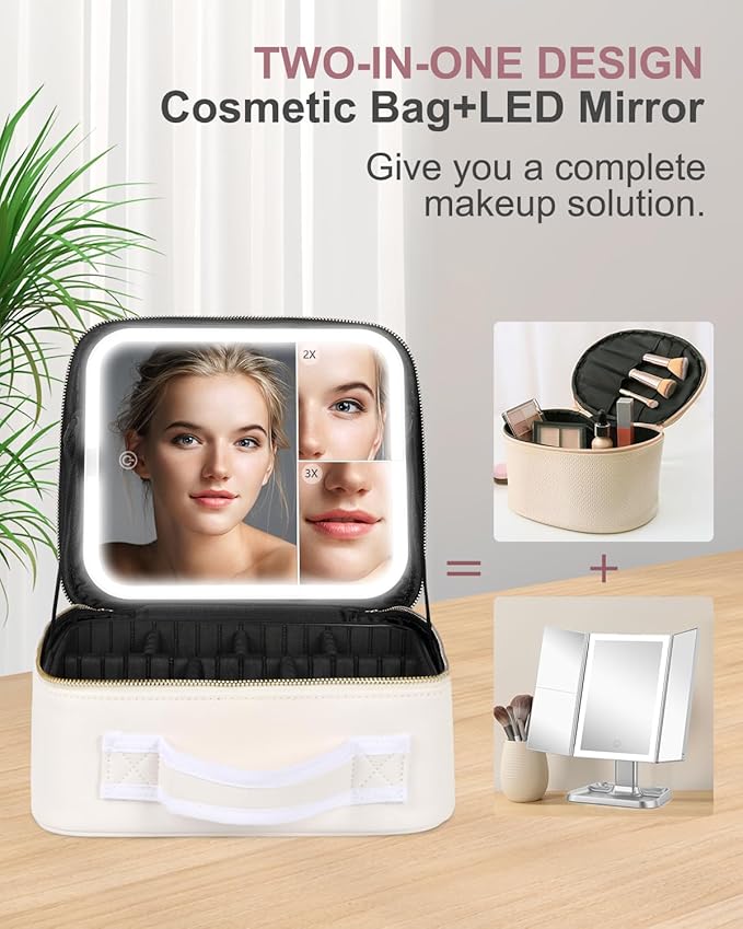 Makeup Bag with LED Mirror, Makeup Organizer Train Case with 1X,2X,3X Vanity Mirror, Adjustable Brightness in 3 Color Settings, Portable Make up Bag with Brush Holder & Storage Dividers, White