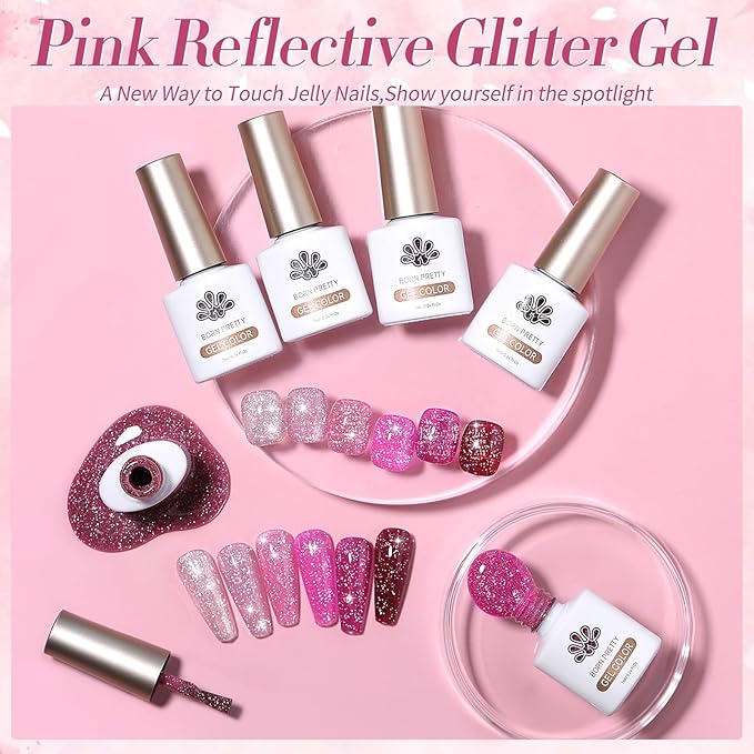 BORN PRETTY Reflective Glitter Gel Nail Polish Pink Holographic Colorful Glitter Spring Summer Gel Polish Sparkly Shiny Disco DJ LED Gel Nail Polish Nail Varnish 6PCS