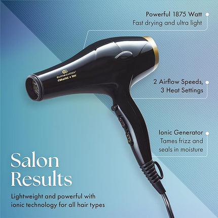 Olivia Garden 1875W Ceramic + Ion Professional Hair Dryer for Men and Women - Fast Drying Blow Dryer - Powerful Ionic Generator - 3 Heat Settings - with 2 Nozzles and Storage Bag - (Black/Gold)