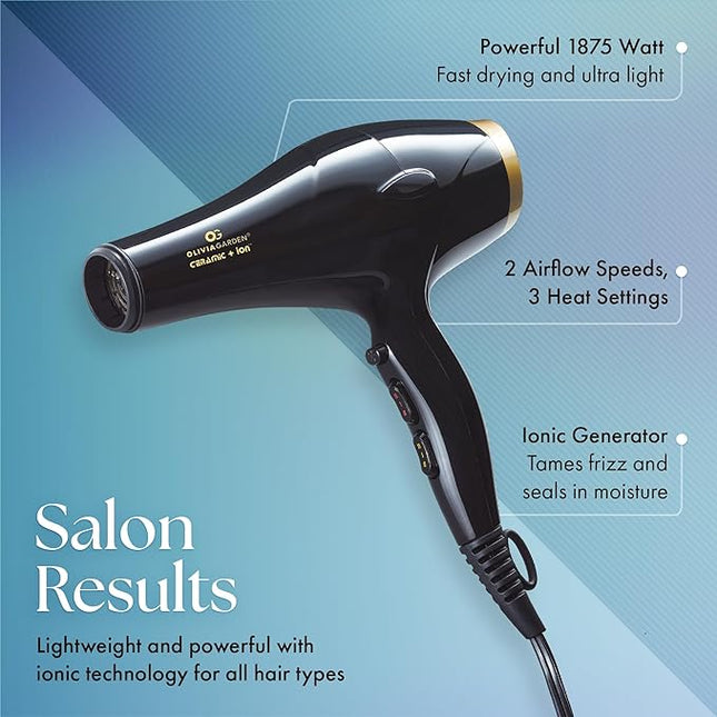 Olivia Garden 1875W Ceramic + Ion Professional Hair Dryer for Men and Women - Fast Drying Blow Dryer - Powerful Ionic Generator - 3 Heat Settings - with 2 Nozzles and Storage Bag - (Black/Gold)