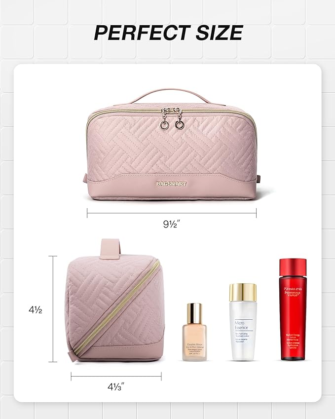 BAGSMART Makeup Bag Cosmetic Bag, Travel Makeup Bag,Water-resistent Makeup Bags for Women Portable Pouch Open Flat Make Up Organizer Bag for Toiletries, Brushes, Pink