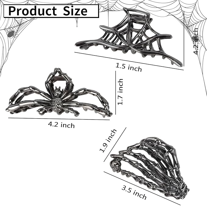 3PCS Black Spider Hair Claw Clips for Women Mental Gothic Claw Clips for Styling Strong Hold Hair Accessories for Halloween Party Gifts
