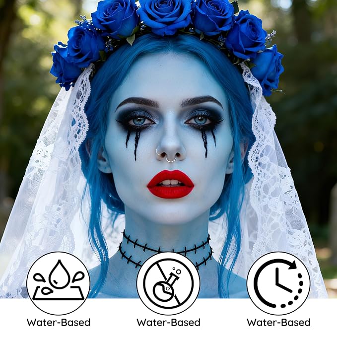 Black White Light Blue Face Paint - Water-Based Non-Toxic Face Body Paint Kit for Skeleton Ghost , Full Coverage Washable Formula for Halloween Cosplay ,Costume Parties, Stage Performances