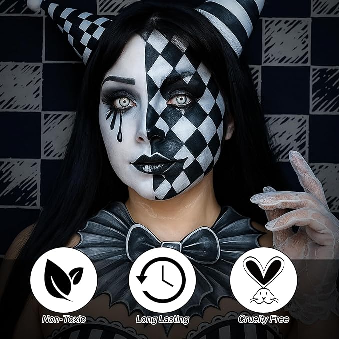 Black White Grey Face Body Paint, Halloween Ghost Skeleton Makeup Kit (3 Sponges + 5 Brushes), 9 Pcs Oil Based Full Coverage Smooth Face Painting Kit for Halloween SFX Clown Costume, Skull, Cosplay